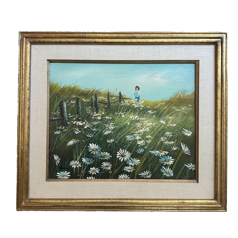 VTG Clancy Signed Original Oil Painting 27" x 23.5" Girl Flowers Cottage Framed